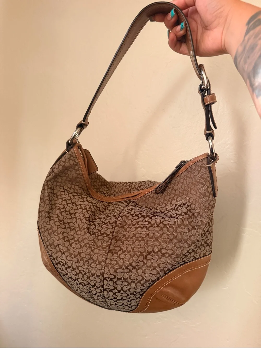 Coach Brown Signature Jacquard Hobo with Leather Trim